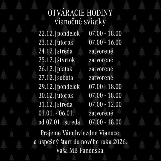 Vážení zákazníci,
počas vianočných sviatkov bude showroom a servis MB Panónska fungovať v obmedzenom režime. 

Prajeme Vám pokojné, radostné sviatky v kruhu Vašich hviezd. 
Váš team MB Panónska